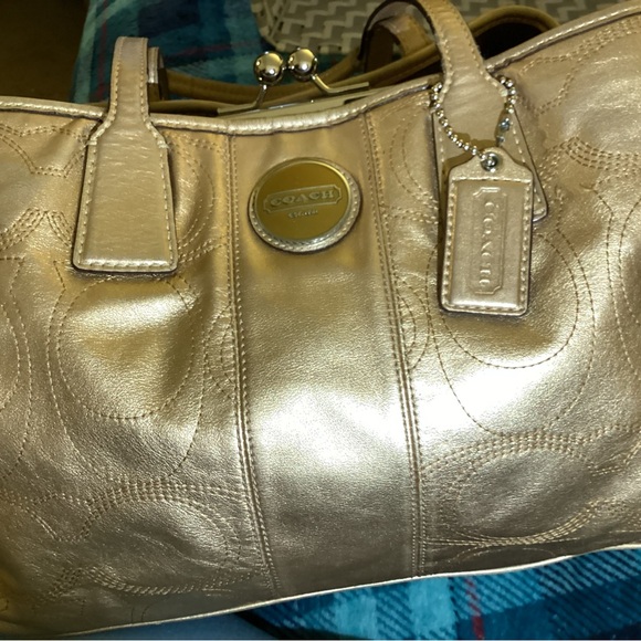 Coach Signature Stitch Kisslock Metallic Gold Handbag Tote  H1193-F18879 - Picture 1 of 15
